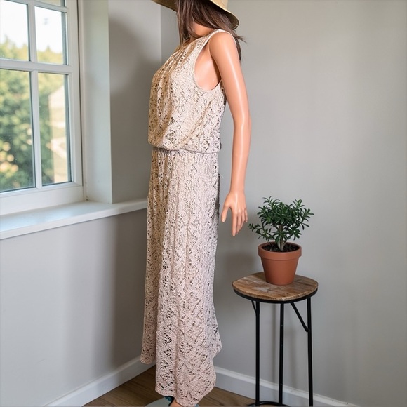 London Times Crochet Maxi Dress Size 10 Beige Boho Lined - Picture 8 of 8